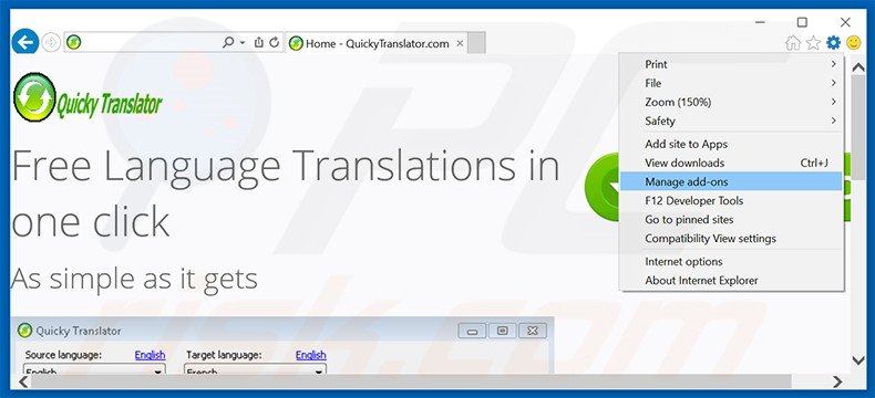 Eliminando los anuncios de QuickyTranslator de Internet Explorer paso 1