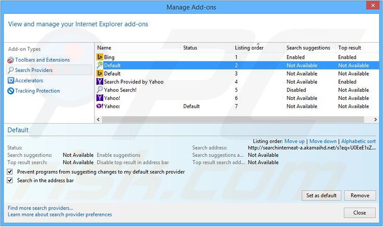 Eliminando searchinterneat-a.akamaihd.net del motor de búsqueda por defecto de Internet Explorer