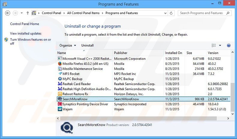 desinstalar el secuestrador de navegadores Search Know desde el Panel de control
