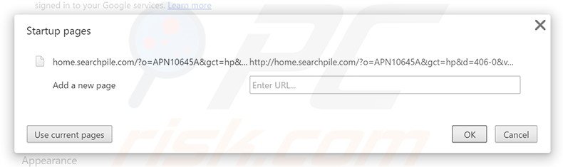 Eliminando home.searchpile.com de la página de inicio de Google Chrome