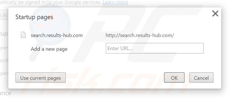 Eliminando search.results-hub.com de la página de inicio de Google Chrome