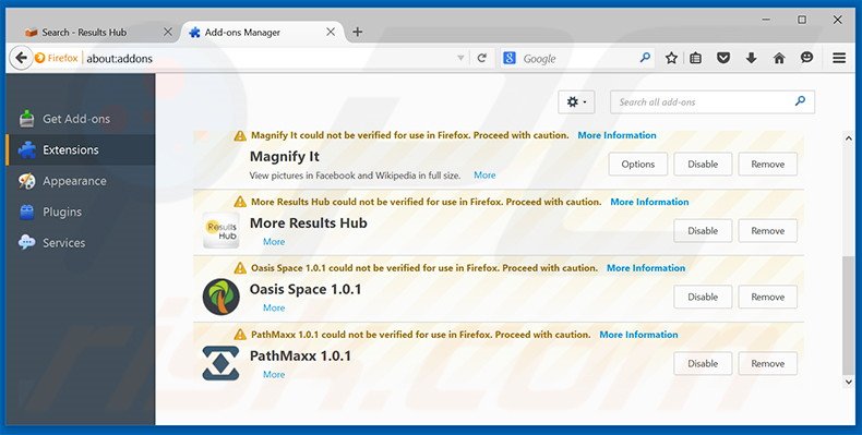 Eliminando search.results-hub.com de las extensiones de Mozilla Firefox