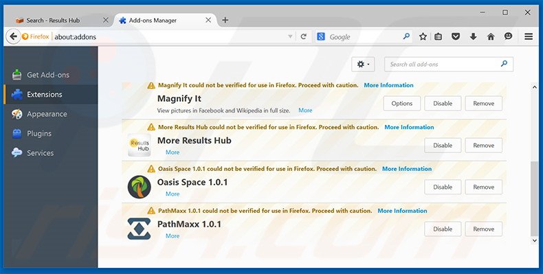 Eliminando search.results-hub.com de las extensiones de Mozilla Firefox