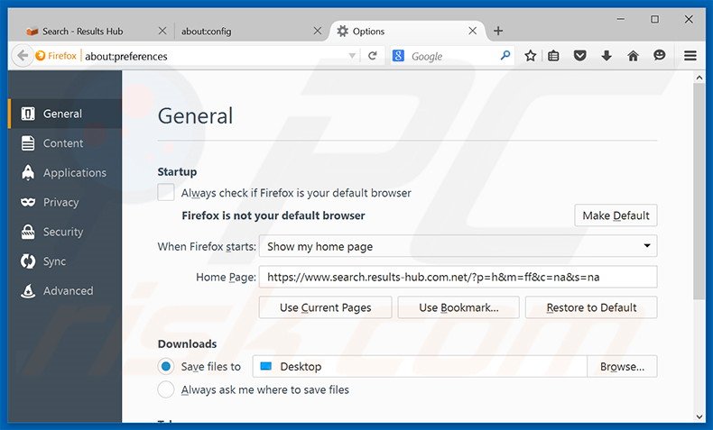 Eliminando search.results-hub.com de la página de inicio de Mozilla Firefox