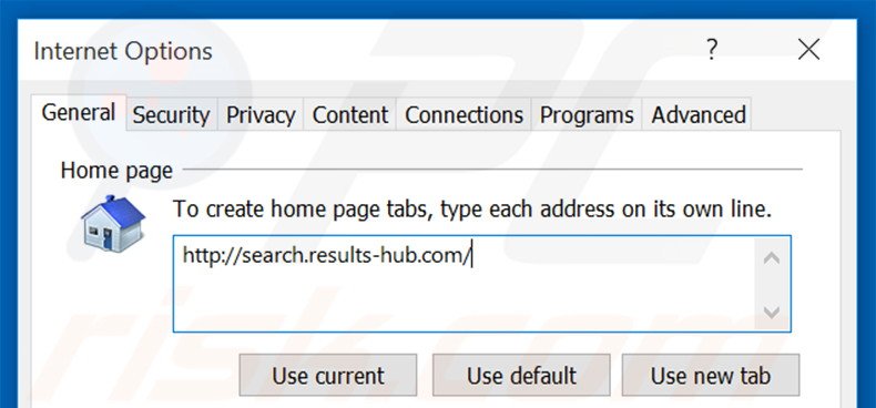 Eliminando search.results-hub.com de la página de inicio de Internet Explorer