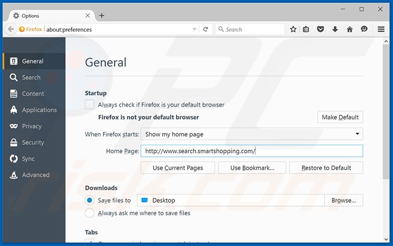 Eliminando search.smartshopping.com de la página de inicio de Mozilla Firefox