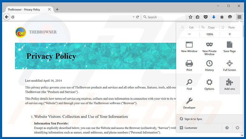 Eliminando los anuncios TheBrowser de Mozilla Firefox paso 1