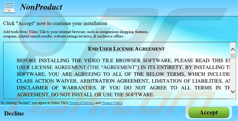 Instalador engañoso usado para distribuir el adware Video Tile