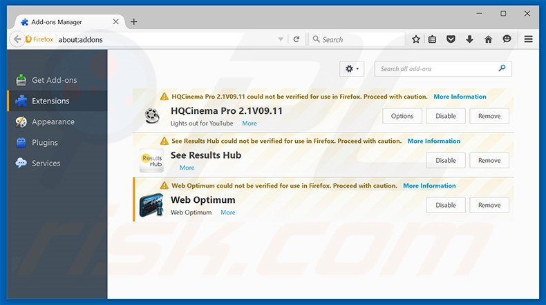 Eliminando los anuncios WebOptimum de Mozilla Firefox paso 2