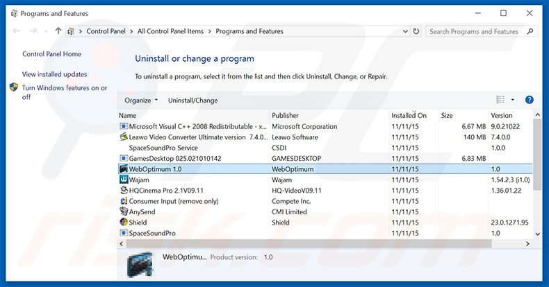 desinstalar el adware WebOptimum del Panel de control