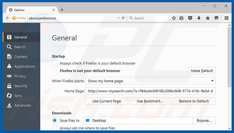 Eliminando www-mysearch.com de la página de inicio de Mozilla Firefox