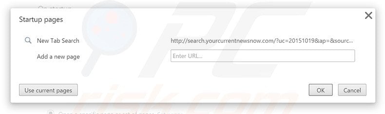 Eliminando search.yourcurrentnewsnow.com de la página de inicio de Google Chrome