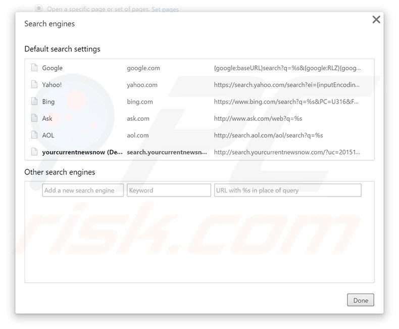 Eliminando search.yourcurrentnewsnow.com del motor de búsqueda por defecto de Google Chrome