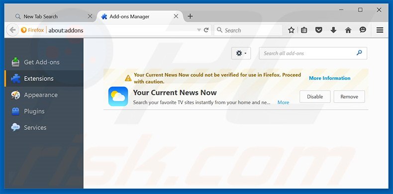 Eliminando search.yourcurrentnewsnow.com de las extensiones de Mozilla Firefox