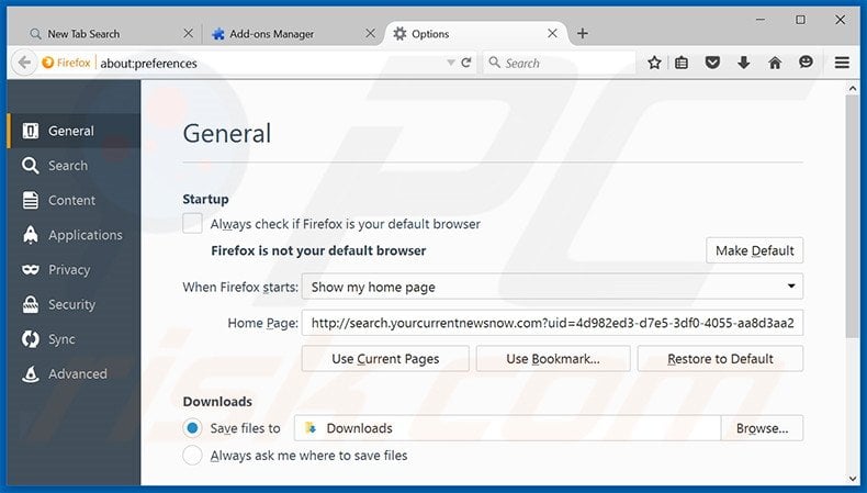  Eliminando search.yourcurrentnewsnow.com de la página de inicio de Mozilla Firefox