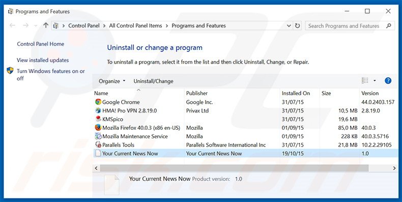 desinstalar el secuestrador de navegadores search.yourcurrentnewsnow.com desde el Panel de control