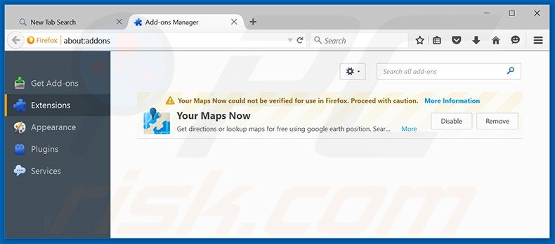 Eliminando search.yourmapsnow.com de las extensiones de Mozilla Firefox