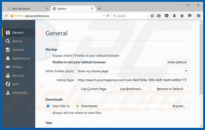 Eliminando search.yourmapsnow.com de la página de inicio de Mozilla Firefox
