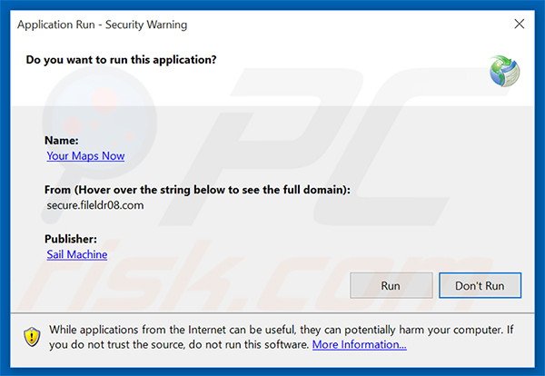 advertencia de seguridad mostrada al ejecutar el secuestrador de navegadores Your Maps Now