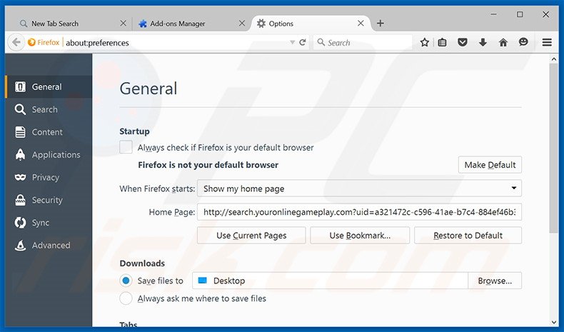 Eliminando search.youronlinegameplay.com de la página de inicio de Mozilla Firefox