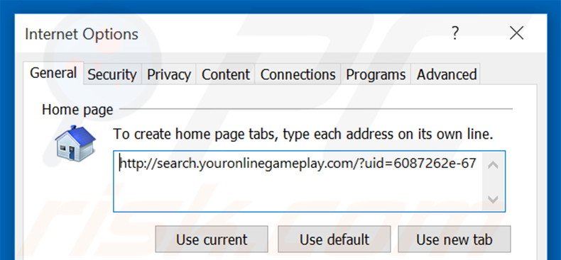 Eliminando search.youronlinegameplay.com de la página de inicio de Internet Explorer