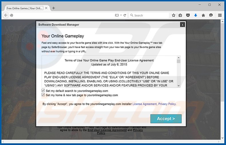 Sitio web destinado a promocionar el secuestrador de navegadores search.youronlinegameplay.com