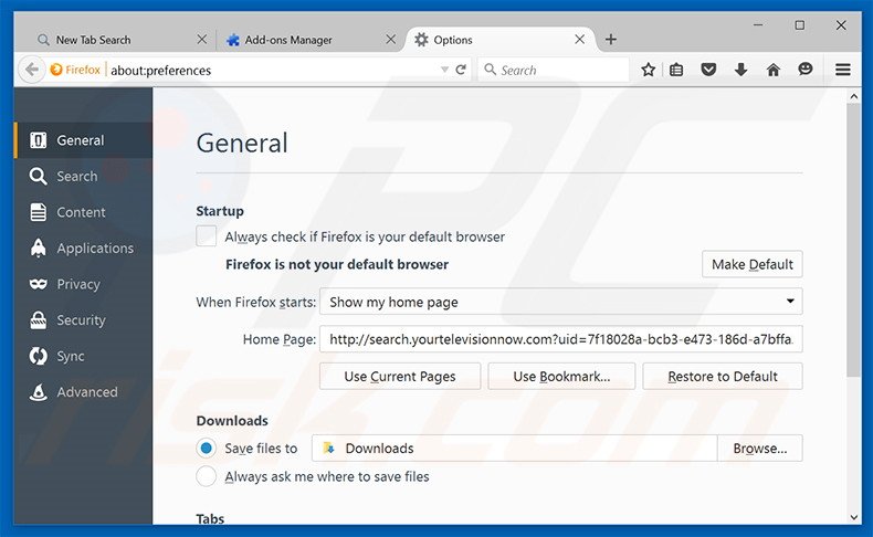Eliminando search.yourtelevisionnow.com de la página de inicio de Mozilla Firefox