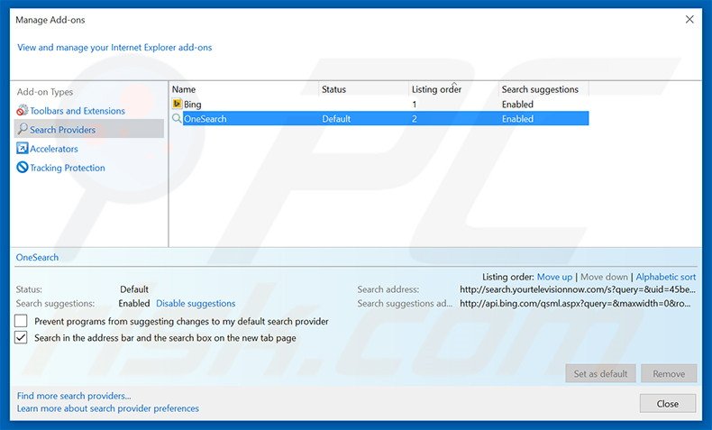 Eliminando search.yourtelevisionnow.com del motor de búsqueda por defecto de Internet Explorer