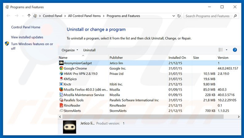 desinstalar el adware AnonymizerGadget del Panel de control