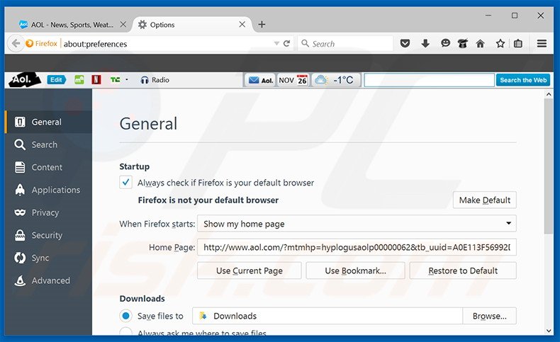 Eliminando search.aol.com de la página de inicio de Mozilla Firefox