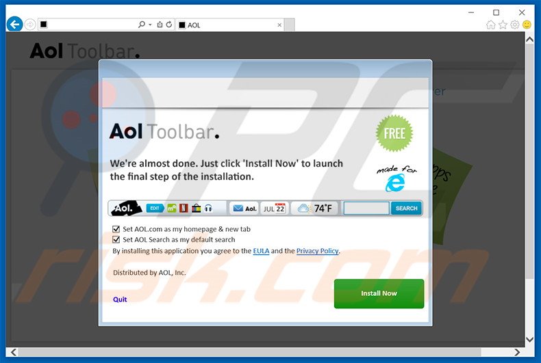 Sitio web destinado a promocionar el secuestrador de navegadores AOL Toolbar