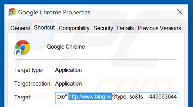 Eliminar bing.vc del destino del acceso directo de Google Chrome paso 2