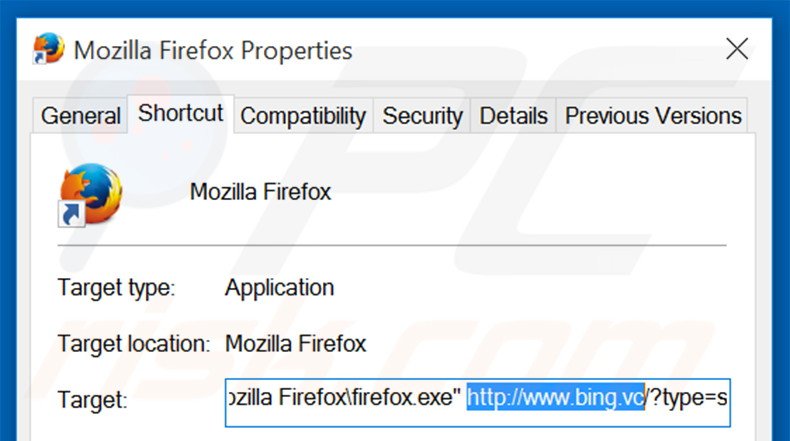 Eliminar bing.vc del destino del acceso directo de Mozilla Firefox paso 2