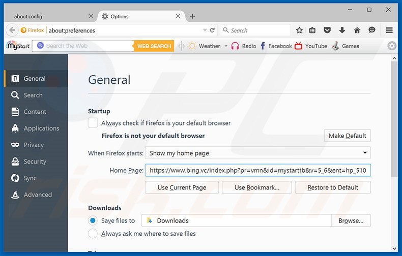 Eliminando bing.vc de la página de inicio de Mozilla Firefox