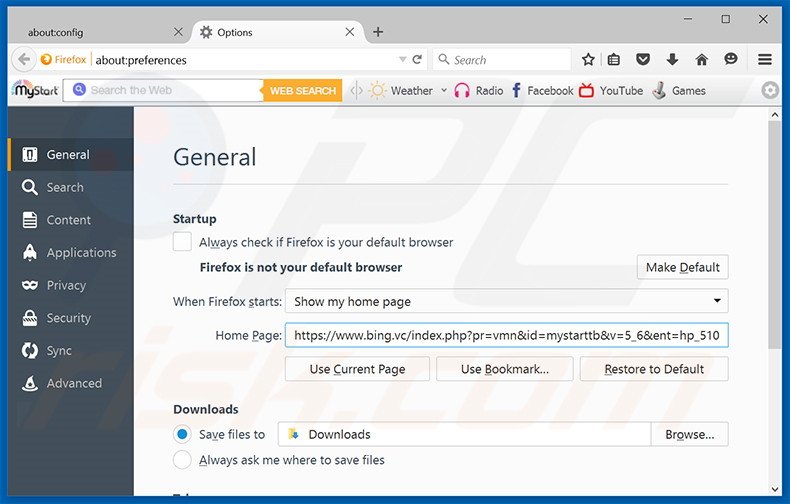 Eliminando bing.vc de la página de inicio de Mozilla Firefox