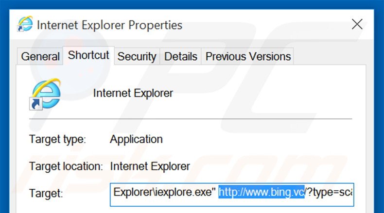 Eliminar bing.vc del destino del acceso directo de Internet Explorer paso 2