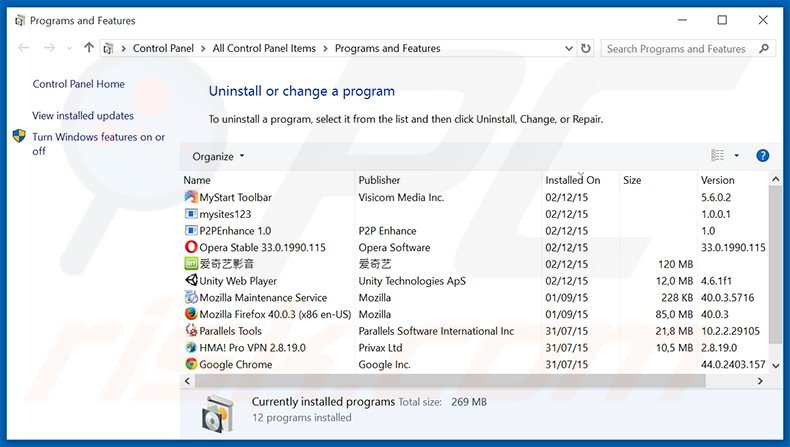 desinstalar el secuestrador de navegadores bing.vc desde el Panel de control