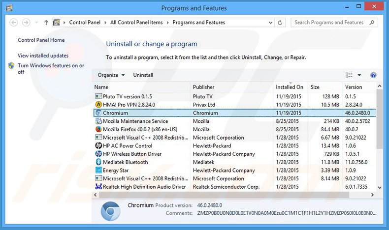 desinstalar el adware Chromium del Panel de control