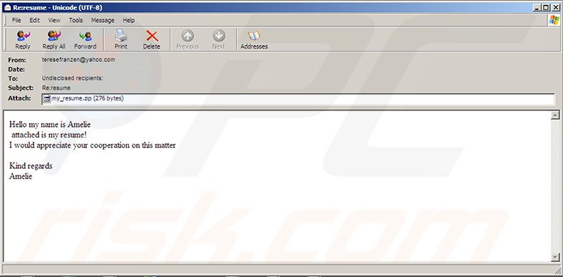 E-mail malicioso usado para distribuir el virus criptográfico CryptInfinite