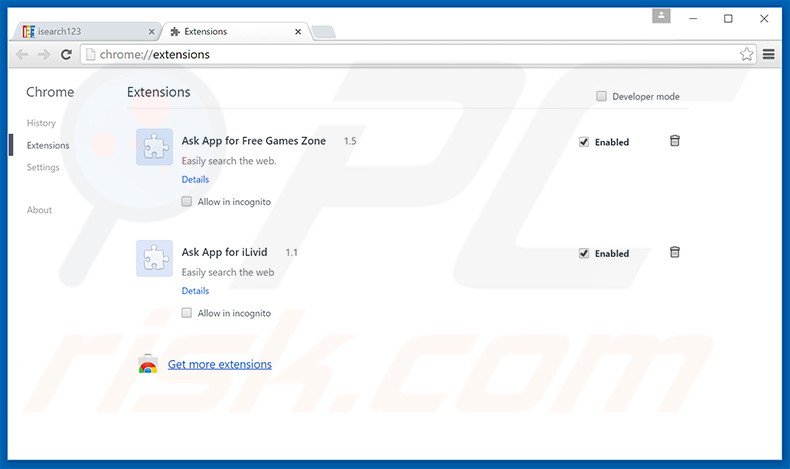 Eliminando las extensiones vinculadas a isearch123.com en Google Chrome