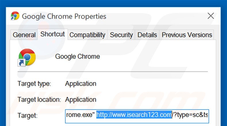 Eliminar isearch123.com del destino del acceso directo de Google Chrome paso 2