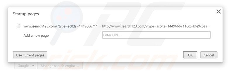 Eliminando isearch123.com de la página de inicio de Google Chrome