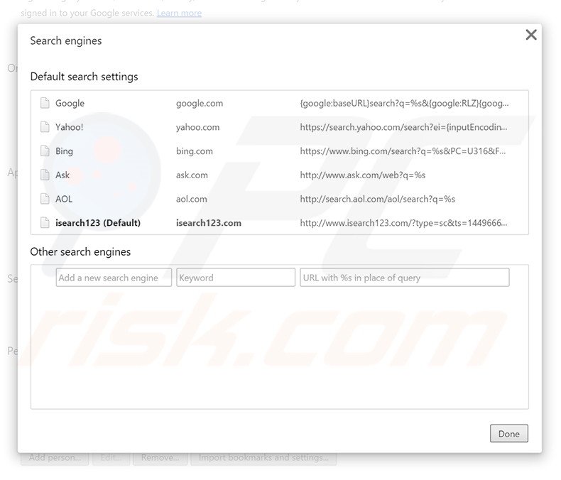 Eliminado isearch123.com del motor de búsqueda predeterminado en Google Chrome