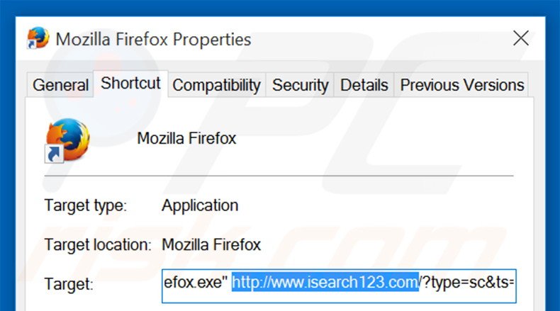 Eliminar isearch123.com del destino del acceso directo de Mozilla Firefox paso 2