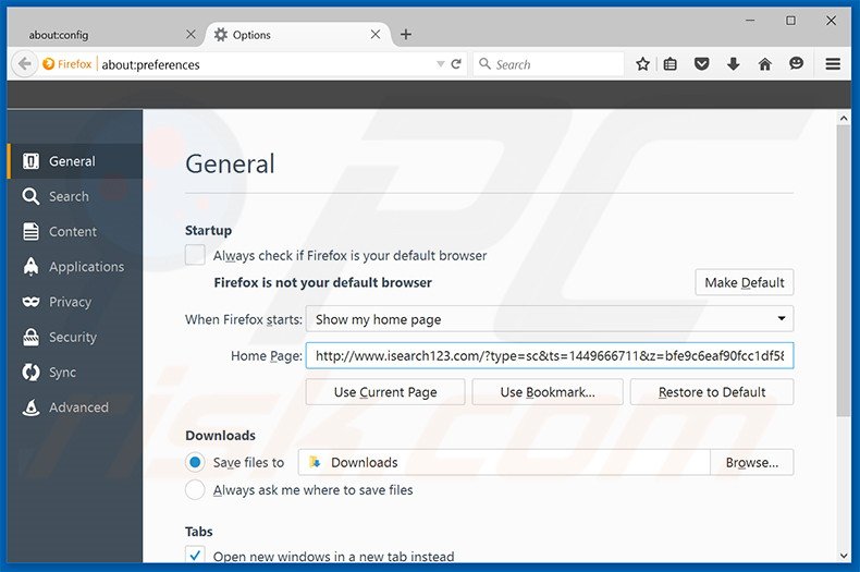 Eliminando isearch123.com de la página de inicio de Mozilla Firefox