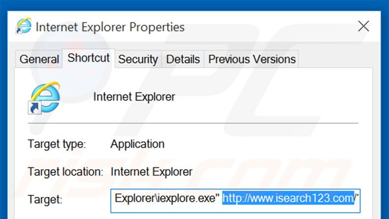 Eliminar isearch123.com del destino del acceso directo de Internet Explorer paso 2