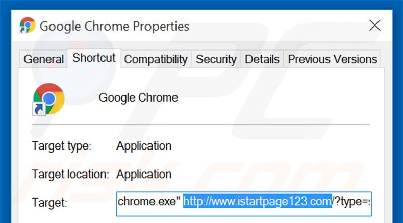 Eliminar istartpage123.com del destino del acceso directo de Google Chrome paso 2
