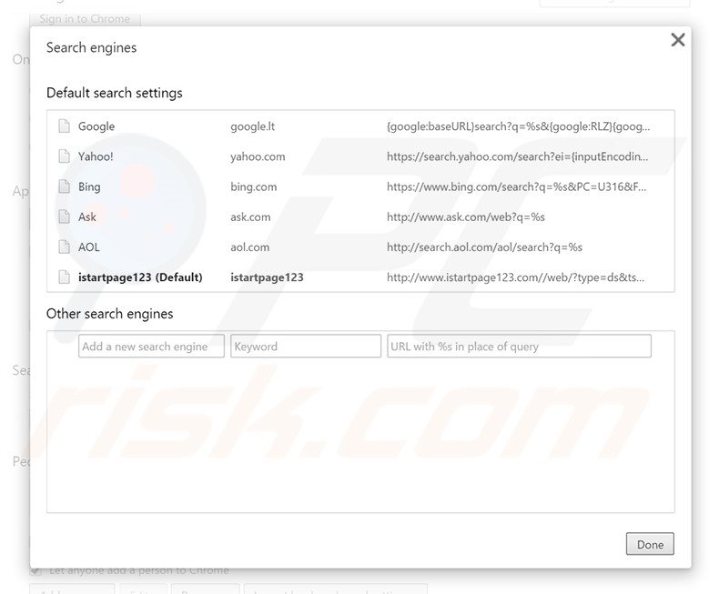 Eliminado istartpage123.com del motor de búsqueda predeterminado en Google Chrome