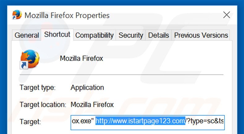 Eliminar istartpage123.com del destino del acceso directo de Mozilla Firefox paso 1