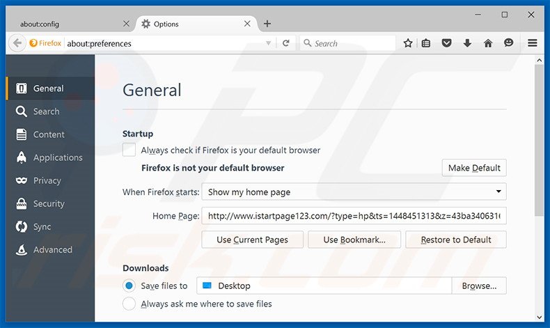 Eliminando istartpage123.com de la página de inicio de Mozilla Firefox
